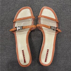 Prada Summer Orange Trim Mule Kitten Heel